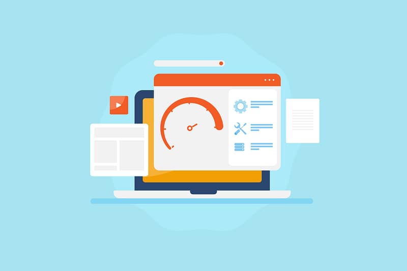 Website performance and testing online software tool, webpage loading speed test, server response time analysis, SEO optimization vector illustration web banner.