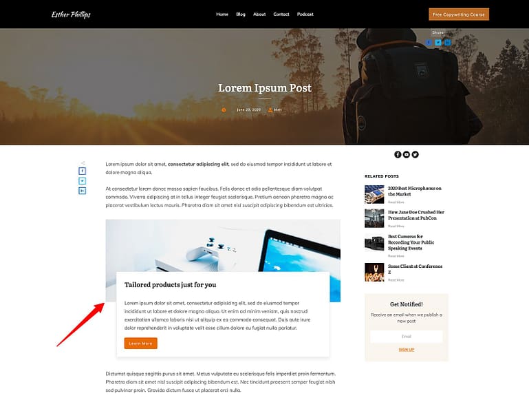 Block-Template-inside-a-Blog-Post Add Block template designs directly to your blog content.