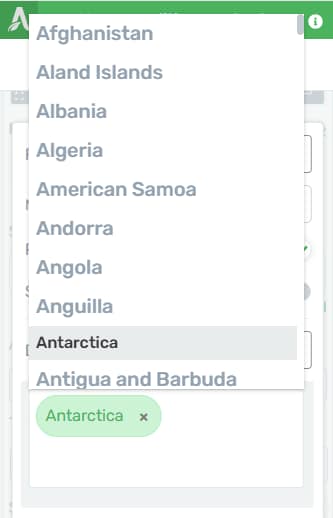 excluding select from list or type the countries
