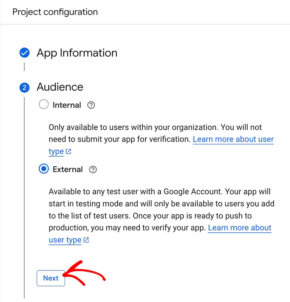 Select the audience for the Google project configuration