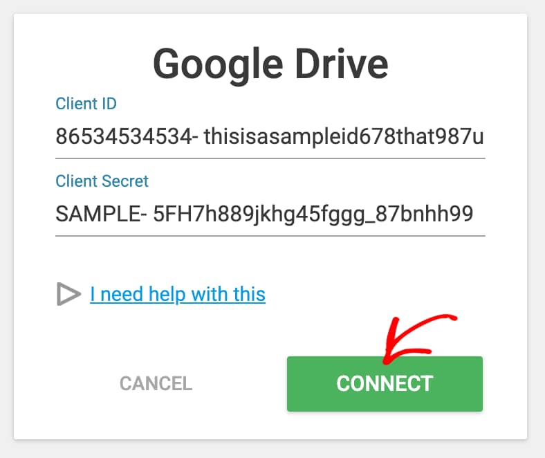 Enter the Google account Client ID and Secret Key in the Thrive Dashboard connection fields.