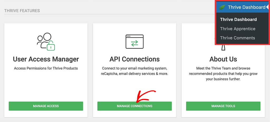 Open the Thrive Dashboard to manage connections