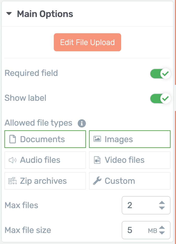 Enter the maximum number of files and the maximum size of files you want to allow the users to upload.