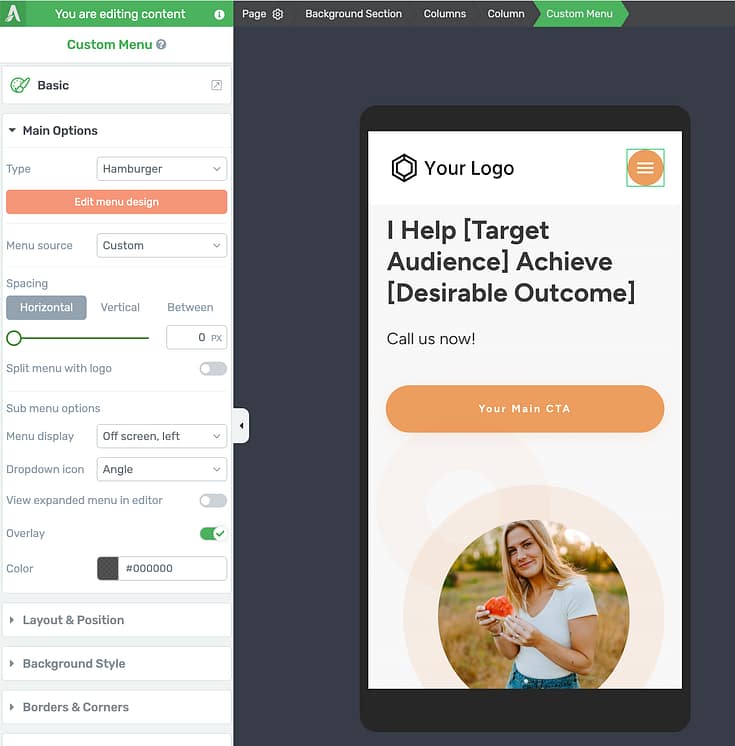Mobile view flattened hamburger menu