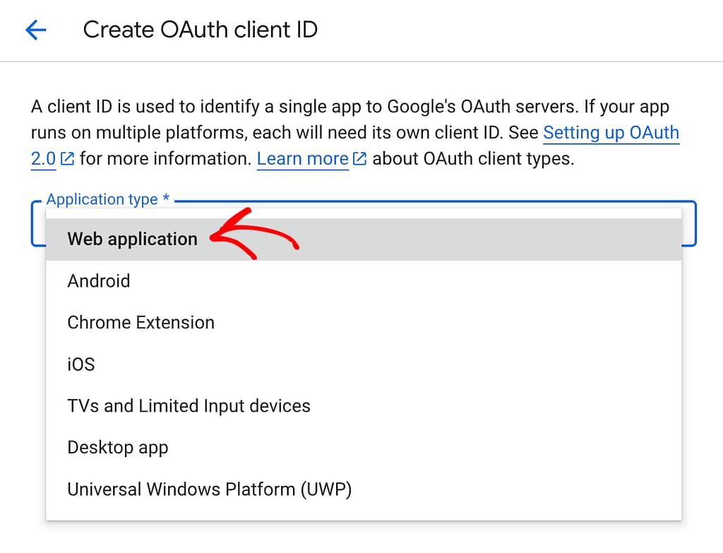Select application type - Web application while creating a client ID