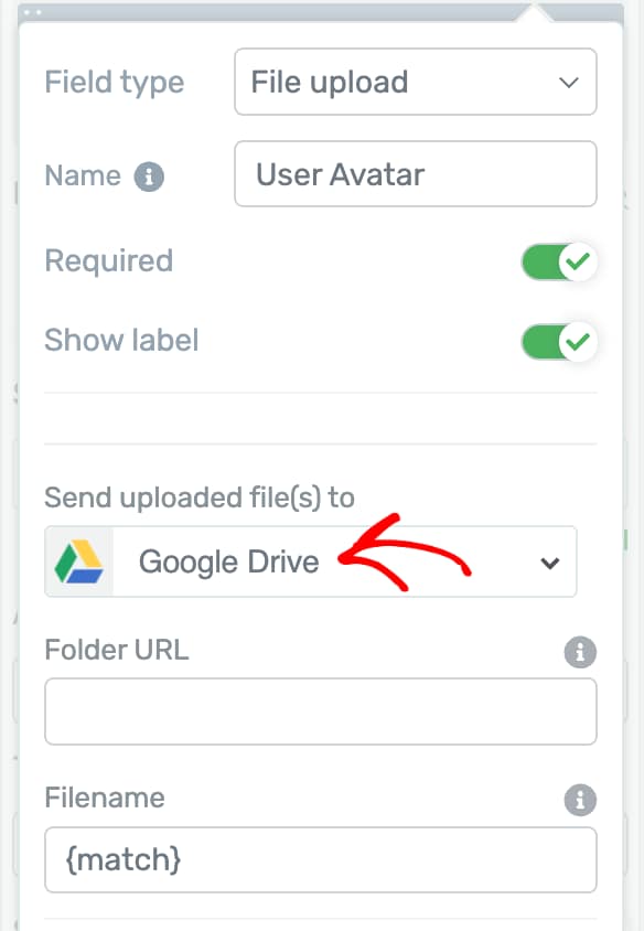 Select the uploaded file destination to Google Drive.