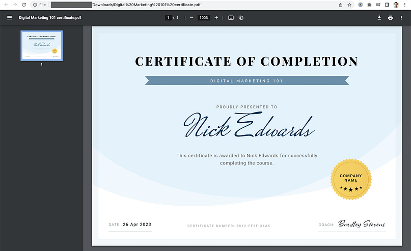 Certificate downloaded for student