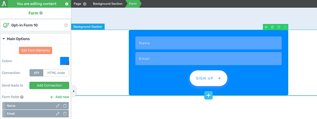 Click the Lead Generation element to view the form options