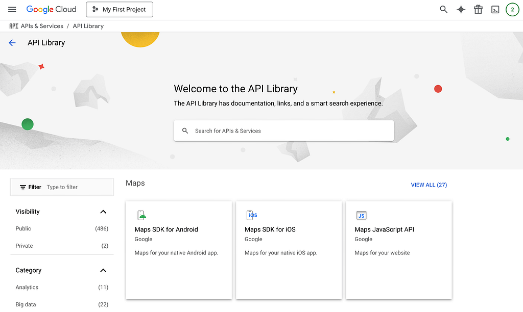 Screen to search APIs in Google API library.