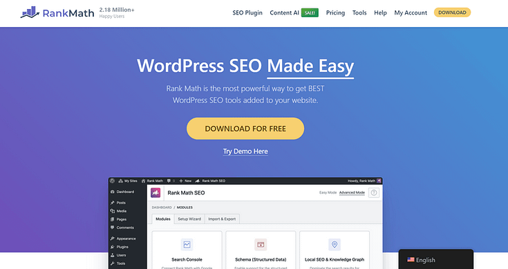 Screenshot of Rank Math hero section