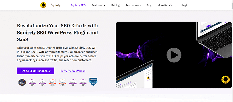 Screenshot of Squirrly SEO's hero section