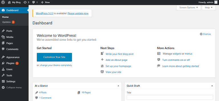 Webflow vs WordPress - WordPress clean dashboard The familiar WordPress dashboard