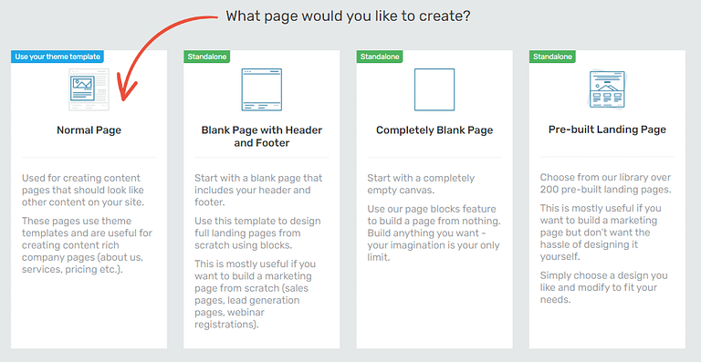 WordPress Team Page - TA - Choose starting page with arrow Creating a new page with Thrive Architect